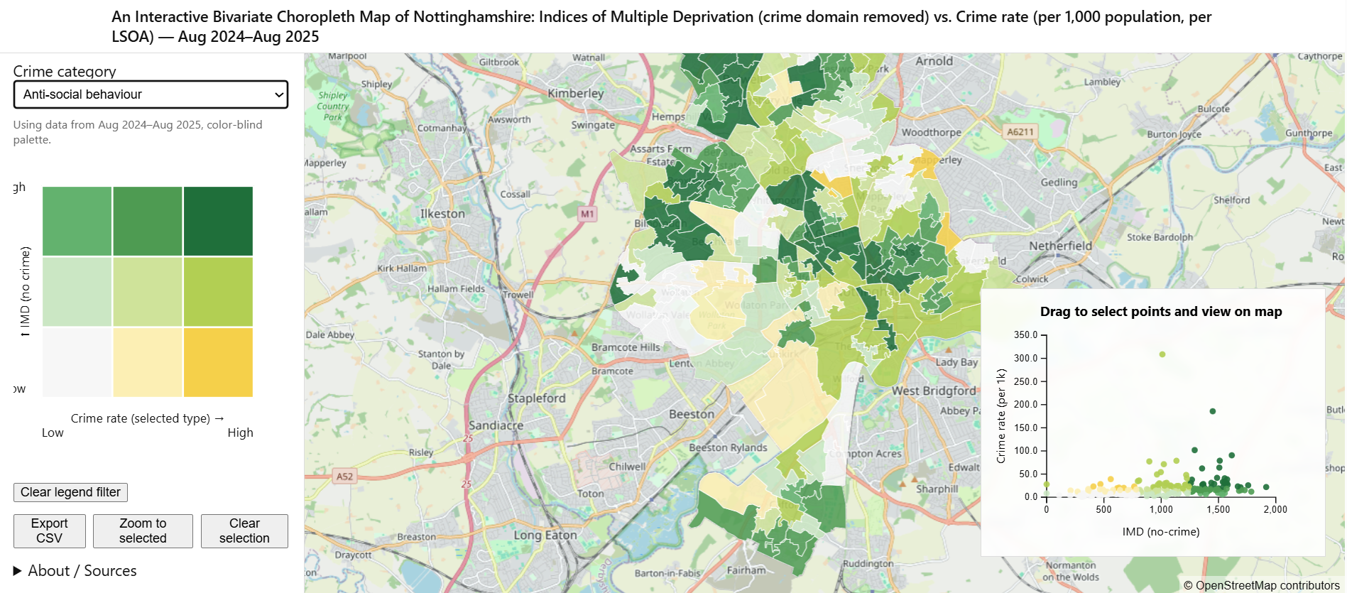 Nottingham Crime vs IMD interactive map screenshot